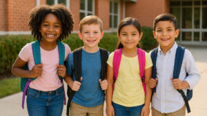 Four back-to-school ready children posing wearing backpacks and posing in front of a school
