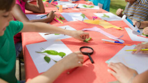 kids playing a nature sorting game